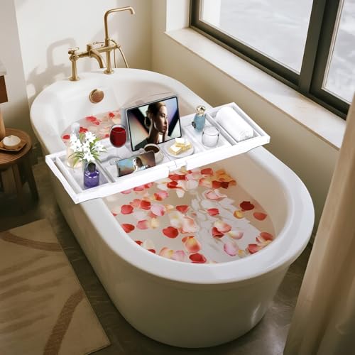 White Expandable Bathtub Tray Caddy for Tub - Adjustable Bath Accessory