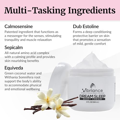 Vibriance Dream Sleep Body Cream, 4 fl oz - Fluffy Full Moisturizer for Dry Skin, Relaxation and Rejuvenation with Therapeutic Ingredients, Soothing Vanilla Aromatics