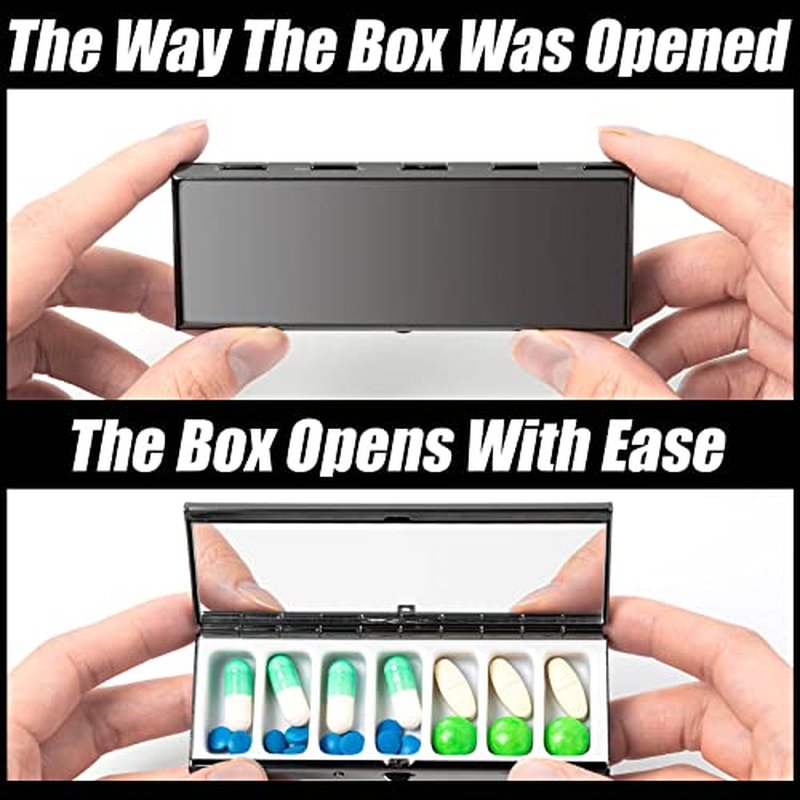7 Day Pretty Mini Metal Pill Organizer Metal Manufacturing Inside The Makeup Mirror Sleek Look Easy to Carry Fashionable Texture Plating Gun Black More Exquisite (Gun Black)