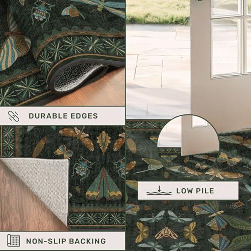Hazo Haus 5'x7' Dark Green Fairy Insect Area Rug, Washable Non-Slip Carpet for Living Room & Bedroom