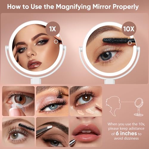 Lighted Makeup Mirror with 10X Magnification, Rechargeable LED Magnifying Vanity Mirror with 3 Lights, Adjustable Height, Storage Base and Phone Holder, Gifts for Women, White, 8 inch