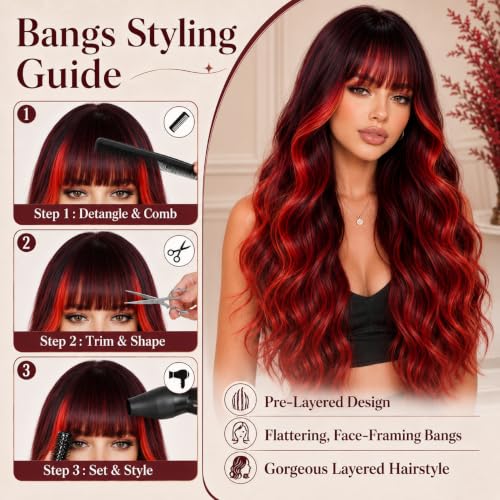 Ombre Red Layered Curly Wavy Wig with Bangs, 26 Inch Long Synthetic Hair - Customizable Bangs