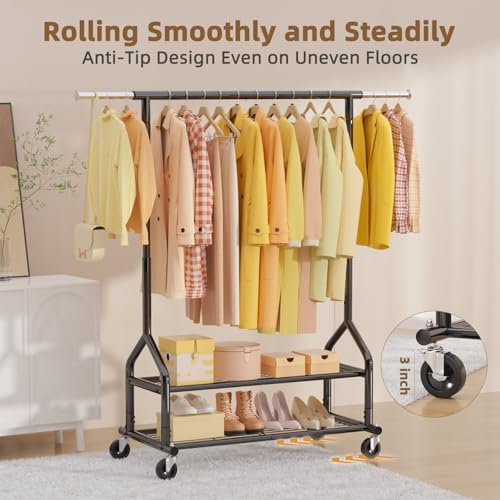 Black Heavy Duty Clothes Rack with 2 Shelves - 556 lbs Capacity, Adjustable Height & Wheels