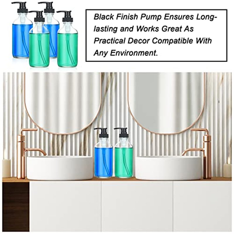 8 Pack Glass Pump Bottles with Black Lotion Pumps 8 oz Refillable Pump Bottles Dispenser Thick Glass Lotion Soap Shampoo Massage Oil Containers Multipurpose for Salon Cosmetic Kitchen Bathroom(Clear)