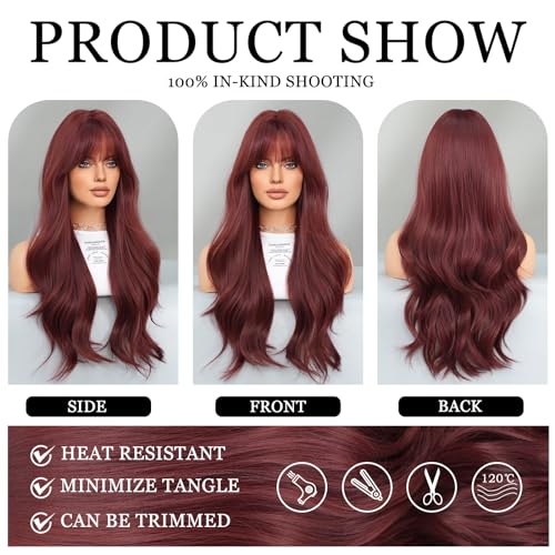 TRUMOST Wine Red Wavy Wig 28 Inch Burgundy Synthetic Heat-Resistant Hair for Women