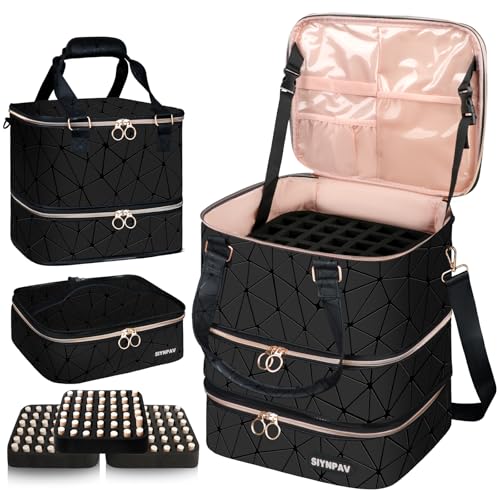 Nail Polish Organizer Bag Holds 126 Bottles (15ml/0.5fl.oz)& Nail Lamp, 3 Layers Detachable Nail Kit Storage Case PU Leather, Large Travel Nail Supplies Shoulder Bag for Manicure Tools (Black)