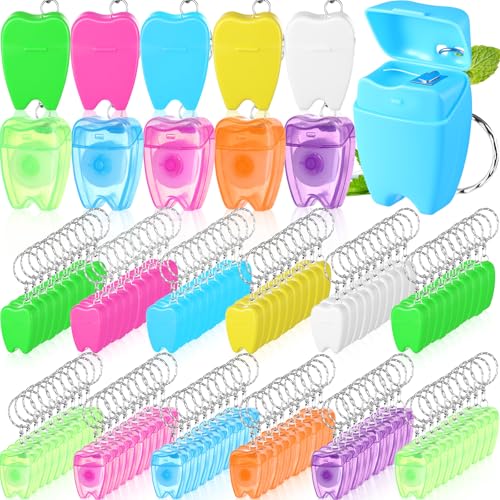 Landical 100 Pcs Mini Tooth-Shaped Dental Floss Keychains Bulk, Portable Oral Care, Mixed Colors