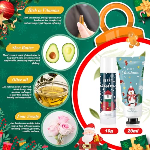 36 Set Christmas Hand Cream Gift Set, Including Moisturizing Christmas Hand Lotion, Xmas Lip Balm, Gauze Bags, Thank You Cards Natural Fragrant Xmas Hand Cream with Lip Balm Christmas Gifts