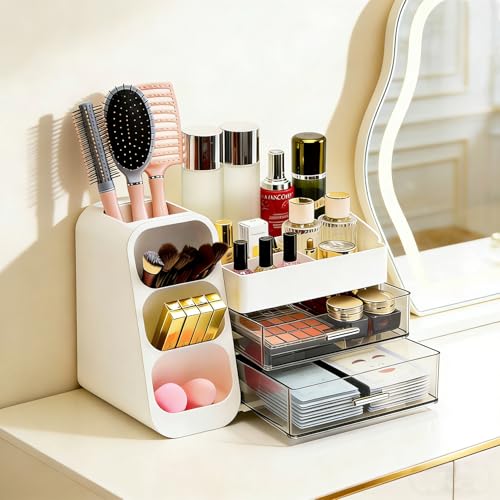 Makeup Organizer Countertop, Spacious Cosmetic Display Case with Makeup Brush Holder, Perfect Vanity Bathroom Organizer and Storage, White