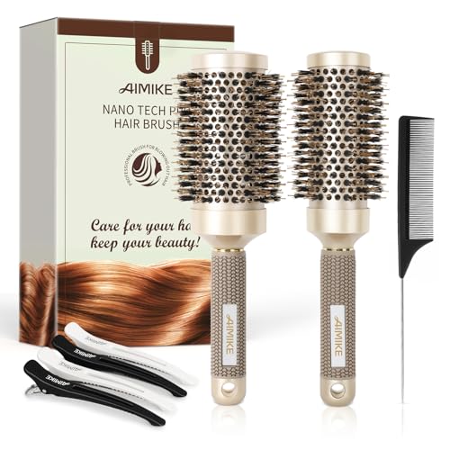 Round Hair Brush Set for Blow Drying and Styling - Boar Bristle & Ceramic Coated