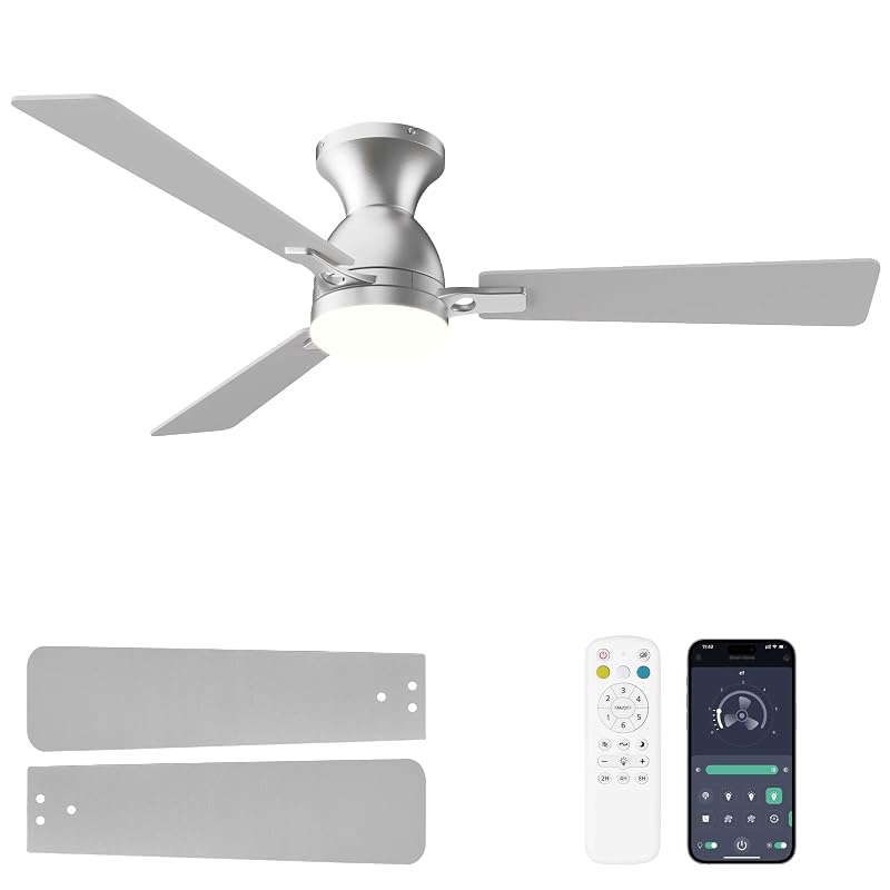 52-Inch Nickel Ceiling Fan with Light, DC Motor, Remote & App Control - Low Profile, Dimmable LED