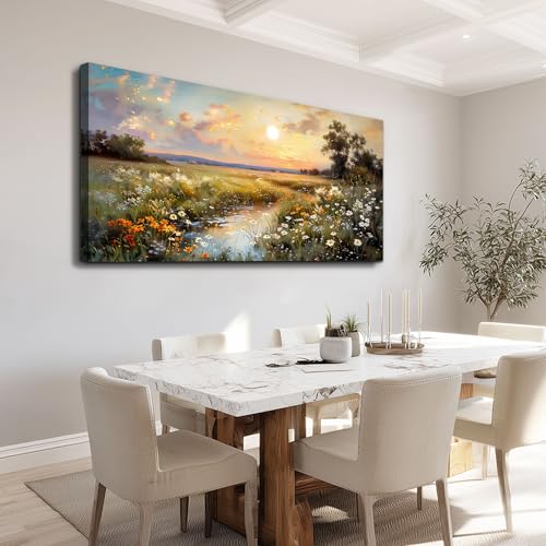 Vintage Farmhouse Wildflower Wall Art Canvas - 48 Inch Rural Scenery