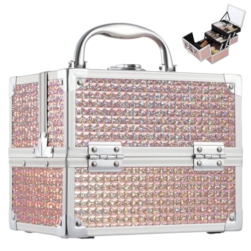 Costravio Glitter Pink Makeup Box with Mirror & Lock - Travel Organizer for Girls Women Kids