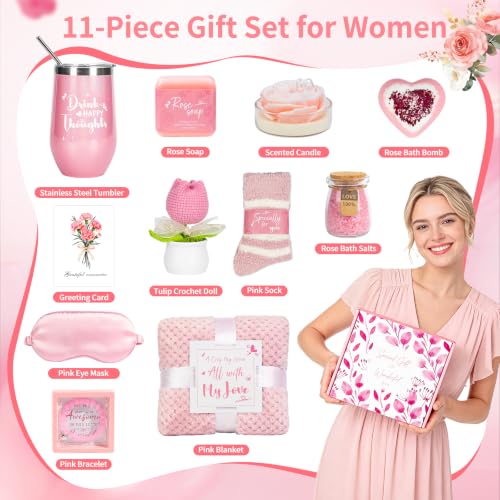 ATOMAKER Pink Rose Self-Care Gift Basket Set for Women, Relaxation Spa Collection