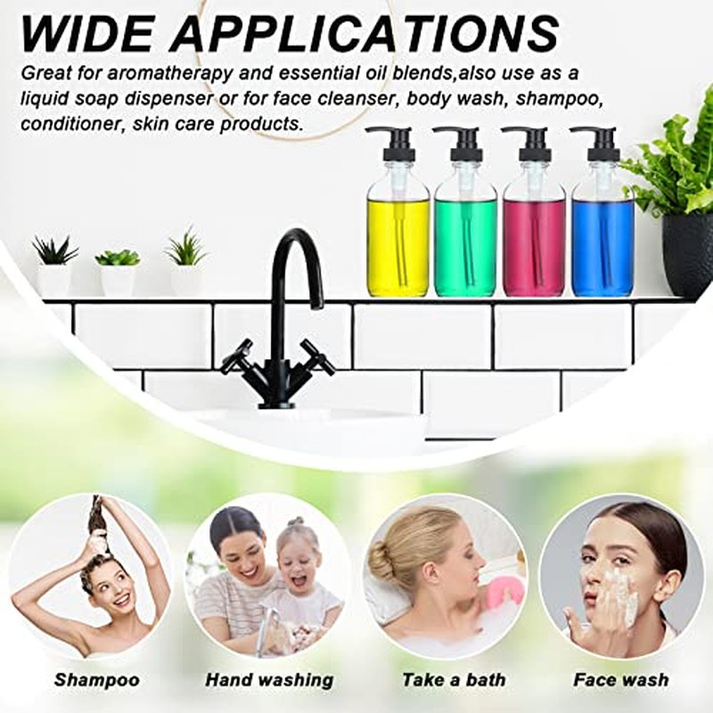 8 Pack Glass Pump Bottles with Black Lotion Pumps 8 oz Refillable Pump Bottles Dispenser Thick Glass Lotion Soap Shampoo Massage Oil Containers Multipurpose for Salon Cosmetic Kitchen Bathroom(Clear)
