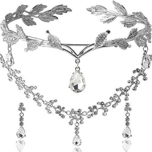 DS Rhinestone Wedding Tiara Crown for Brides, Goddess elf Princess Fairy Crystal Pendent Headband Leaf Cosplay Crown for women girls Hair Accessory for Brides Pageant Wedding Prom Birthday