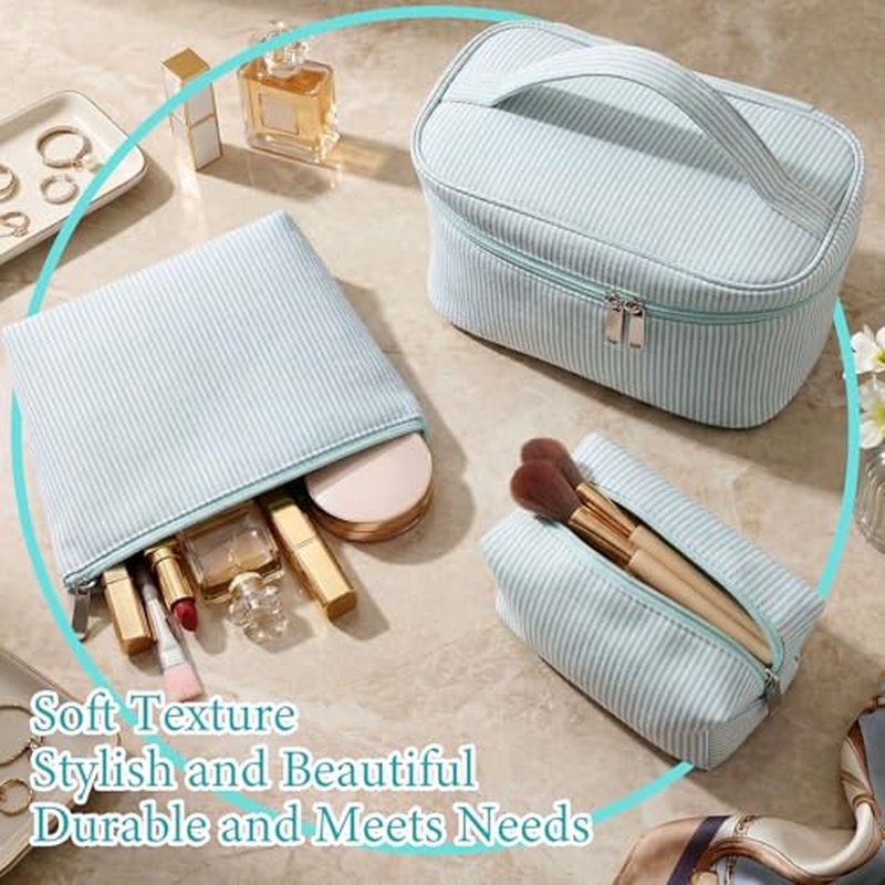 3 Pieces Makeup Bag Set for Women Cute Seersucker Cosmetic Pouch Travel Toiletry Bag Preppy Small Makeup Purse Pouch Aesthetic Skincare Brushes Storage Organizer for Women(Light Blue)