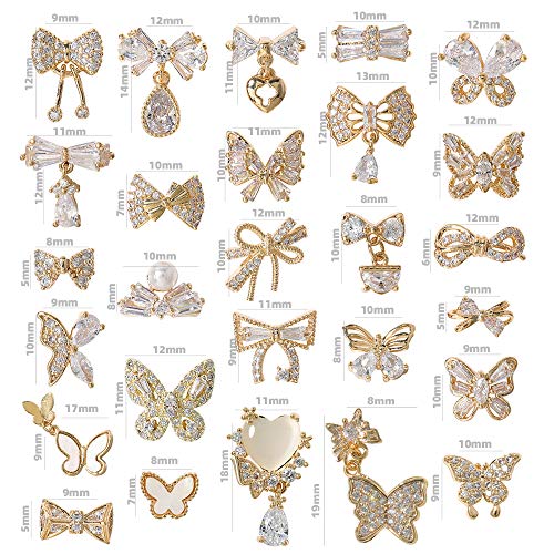 HNUIX Butterfly Nail Charms and Gems - Gold Copper Zircon, Multiple Shapes, Metal Bow-Knot Jewelry Rhinestones Charms, 27Pieces