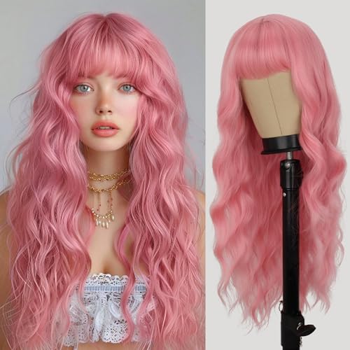 Pink Wavy Wig with Bangs - 26 Inch Long Curly Synthetic Wig for Women Girls - Variation: Pink