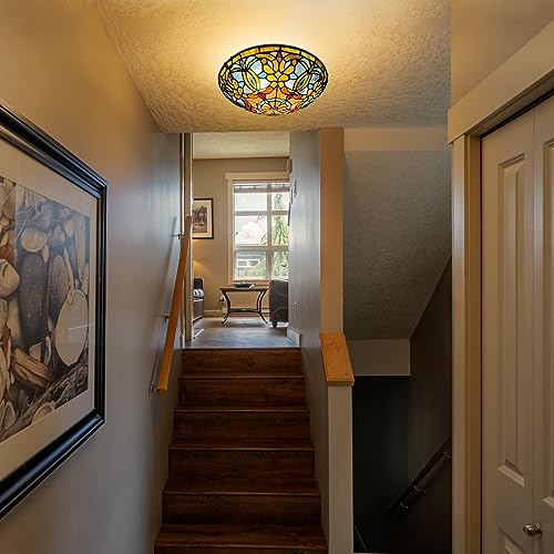 ARTZONE Tiffany Ceiling Light 12 Inch Stained Glass Flush Mount Fixture for Bedroom & Living Room