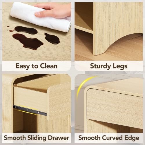 Nightstand Set of 2 with Charging Station Light Oak - Modern Storage & Night Tables with Power Outlets & USB