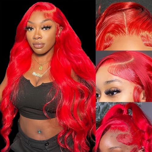 Red Lace Front Wig 13x4 HD Transparent Swiss Lace Body Wave 26 Inch Pre-Plucked Glueless Synthetic Hair for Black Women - Bright Red