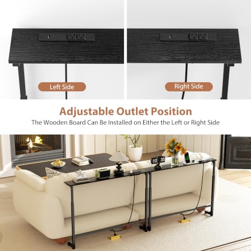 Black Adjustable Height Narrow Console Table with Power Outlets - 90 Inch Sofa Entryway Table