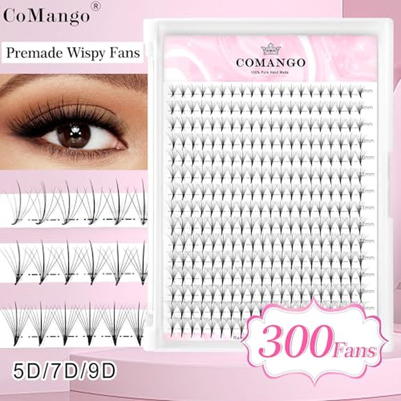 CoMango Wispy Premade Fans Eyelash Extensions 5D 7D 9D Spikes Lash Fans C/D Curly Pointy Stem Volume Lashes Extensions 0.07mm Thin Base Handmade Lash Extensions (black, 300fans-5D-C-Mix8-15mm)