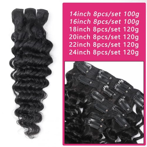 Clip-In Hair Extensions 16 Inch Remy Human Hair Deep Wave Curly Black 8Pcs 100g Variation of THIS listing