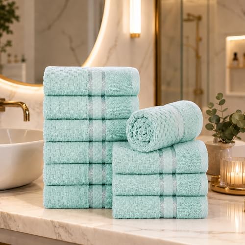 Mint Green Cotton Washcloths Set of 10 - Soft, Absorbent, Popcorn Textured 12x12 Inches
