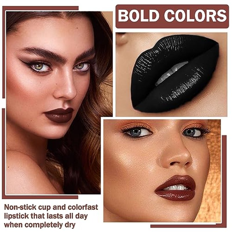 3 in 1 Black Lip Liner Pencil and Lipstick lipgloss Set Matte Black Lipstick Lip Gloss Kit Long-lasting Nonstick Cup Smudge Proof Lip Kits with Lip Liner,Velvet Goth Makeup (12#Black Magic)