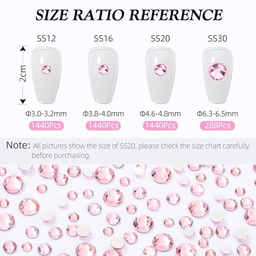 Pink Flatback Rhinestones, Glass Rhinestones for Nail Art and Craft, Glue Fix, Loose Crystal Gemstones(Pink, SS16, 2880pcs, 3.8-4.0mm)