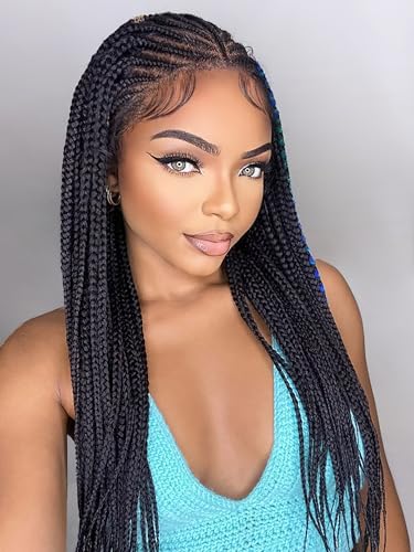 Knotless Box Braided Lace Front Wig with Baby Hair - Cornrow Style - Glueless Synthetic Wig for Women