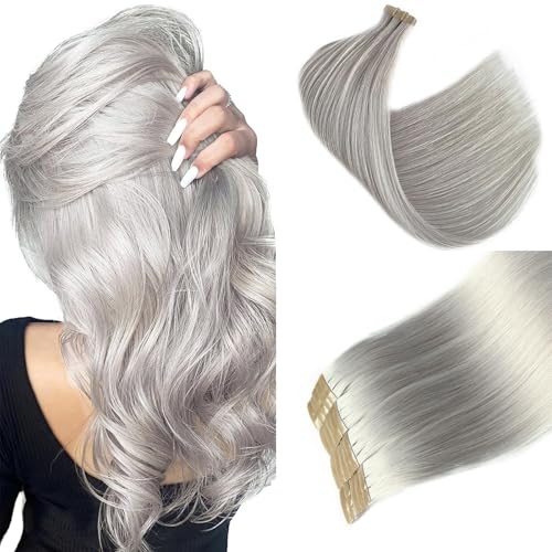 Silver Grey Hair Extensions Tape Ins 16 Inch Double Sided Seamless Human Hair
