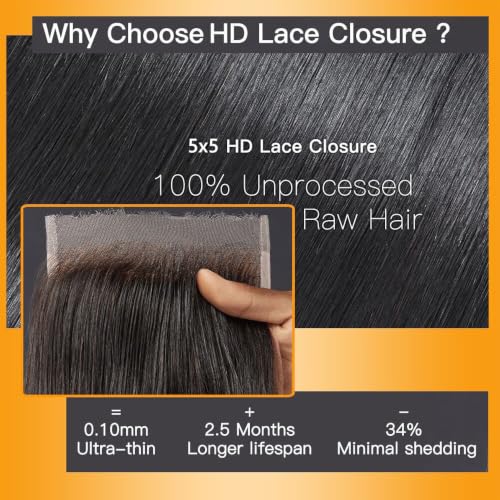 Brazilian Virgin Human Hair Lace Closure 5x5 Transparent HD Light Brown, 16 Inch - Natural Black Variation