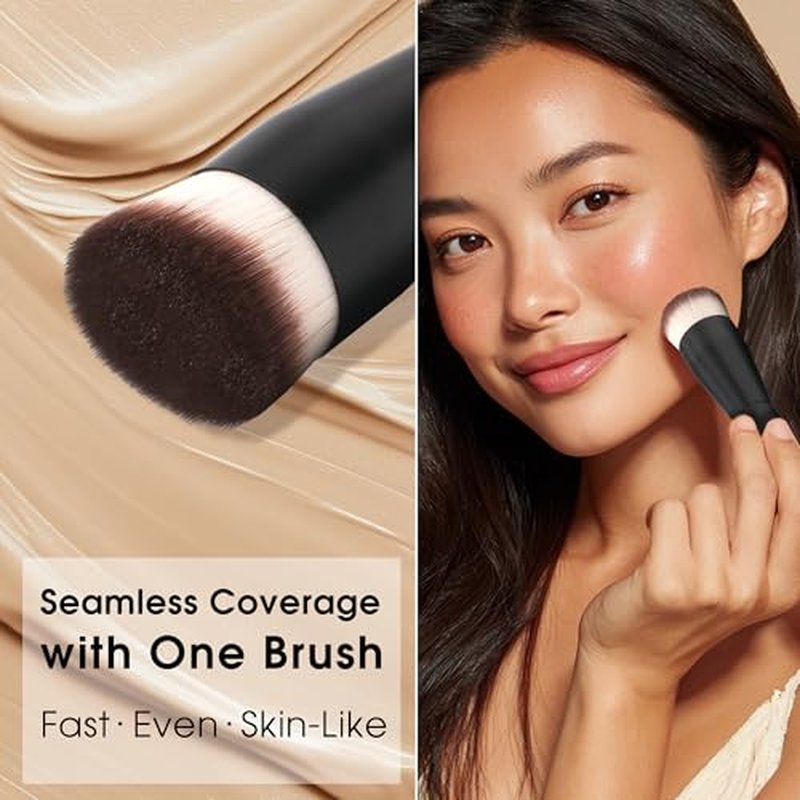 Foundation Brush with Makeup Puffs Set, Flat Top Brush + 2 Soft Makeup Sponges for Seamless Base & Detail Blending