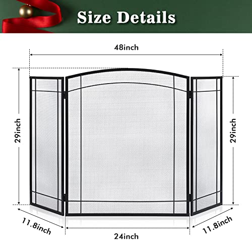 Modern Black 3-Panel Fireplace Screen 48x29in Foldable Heavy Duty Metal Mesh