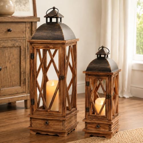 Decorative Wooden Lanterns Set of 2 - Rustic Farmhouse Indoor Outdoor Candle Holders
