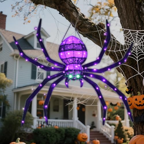 HOYECHI 4.2ft Purple Hanging Spider Halloween Decor with 90 LED Lights