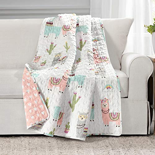 White & Blush Reversible Toddler Throw Blanket - Southwest Llama Cactus Design, 50x60 inches