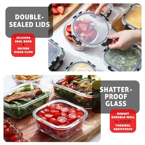 Black Glass Food Storage Containers Set - 24 Pack with Airtight Lids, Meal Prep & Freezer Safe