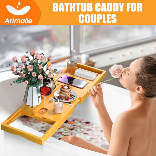 Artmalle Foldable Bamboo Bathtub Caddy Tray for Tub - Natural, Semi-Simple