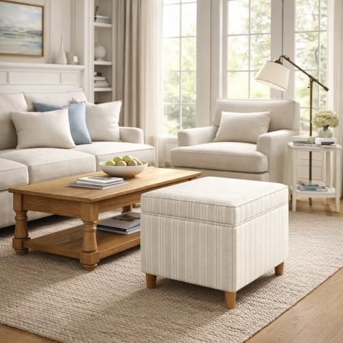 24-Inch Cream Marigold Pinstripe Storage Ottoman with Wooden Legs — Space-Saving Bench