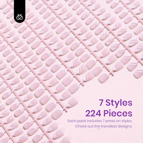 Beetles French Tip Press On Nails 224 Pcs Short Almond Pink Press On Nails 4 in 1 Gel Nail Tips Pre-Applied Primer and Base Coat, No File Need DIY Manicure Easy False Nail Tips for Nail Extension