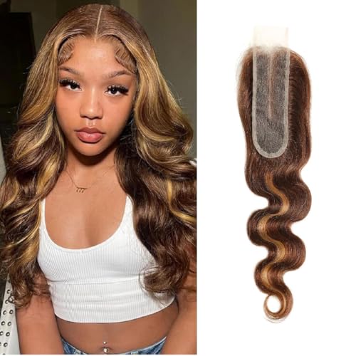 Brazilian Human Hair Closure 2x6 Lace Frontal Highlight Body Wave P4/27 - 12 Inch with Variation P4/27 Ombre Brown and Honey Blonde