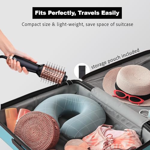 Pink Gold Dual Voltage Travel Hair Dryer Brush with Pouch - Compact, Lightweight, 2 Speed, 360° Swivel, Curls & Volume