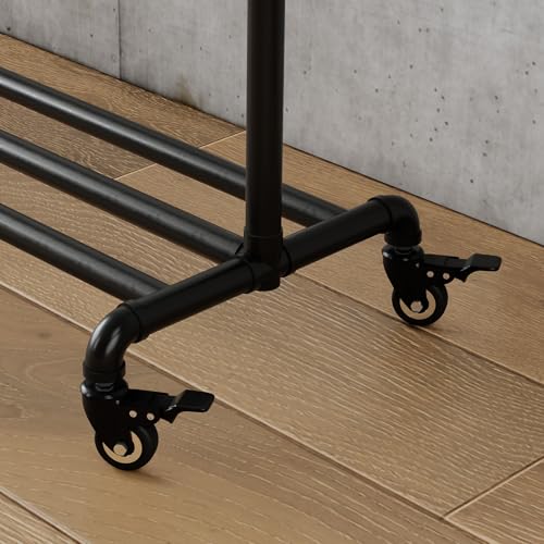 Black Industrial Pipe Clothing Rack with Wheels and Bottom Shelf - Heavy Duty Garment Stand