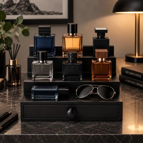 Men's 3-Tier Cologne Organizer Stand with Drawer - Black Wooden Display
