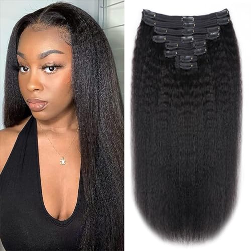 Kinky Straight Human Hair Clip-In Extensions 120g Full Head 18 Inch Natural Black