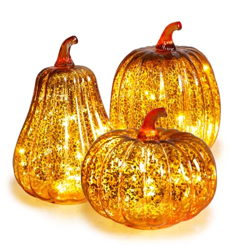 Orange Mercury Glass Pumpkin Light Set - 3 Pack Fall Halloween Porch Decor